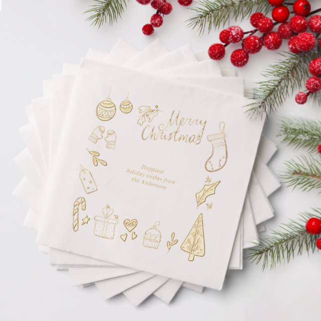 Christmas Party Hand Drawn Doodles Festive Gold Servietten Mit Folie (Von Creator hochgeladen)