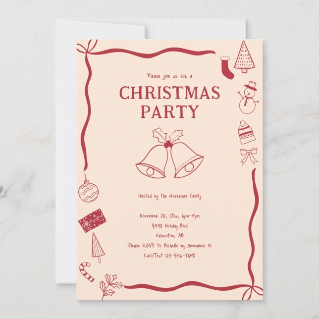 Christmas Party Hand Drawn Holiday Red Coquette Einladung (Vorderseite)