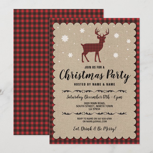 Christmas Party Holidays Deer Snowflake Red Check Einladung (Vorne/Hinten)