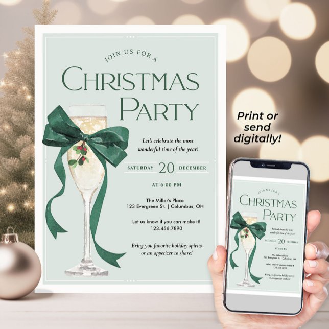 Christmas Party Invitation with Green Bow Einladung (Set the tone for a stylish holiday gathering with this elegant Christmas Party invitation. A classic)