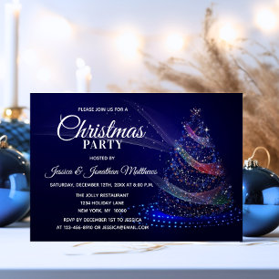CHRISTMAS PARTY Navy Blue Twinkle Lights Snow Tree Einladung