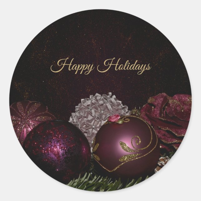 Christmas Party Pink Ornament Green Leaves Black Runder Aufkleber (Vorderseite)