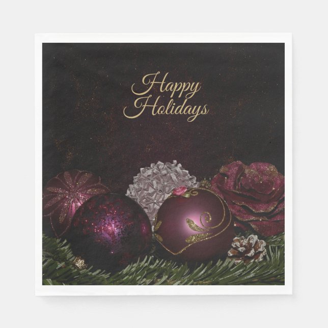 Christmas Party Pink Ornament Green Leaves Black Serviette (Vorderseite)