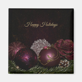 Christmas Party Pink Ornaments Green Leaves Black Magnet