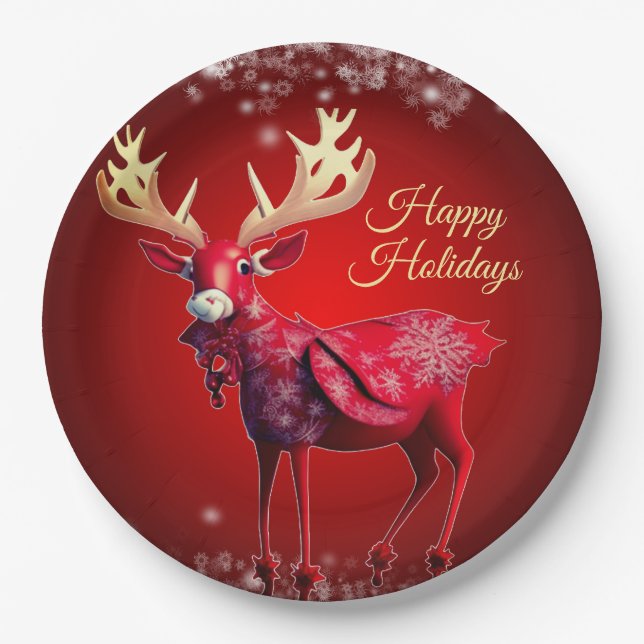 Christmas Party Red Reindeer Winter Holidays Pappteller (Vorderseite)