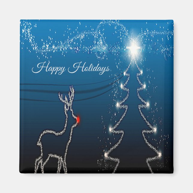Christmas Party Reindeer Tree Blue Sky Shiny Stars Magnet (Vorne)