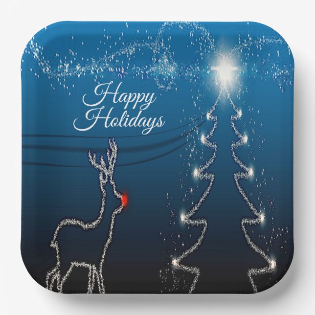 Christmas Party Reindeer Tree Blue Sky Shiny Stars Pappteller (Vorderseite)