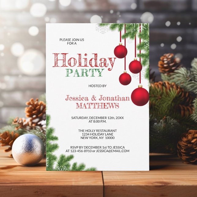 CHRISTMAS PARTY Roter grüner Schnee Einladung (CHRISTMAS HOLIDAY PARTY Red Green Ornament Pine Snow Invitation)