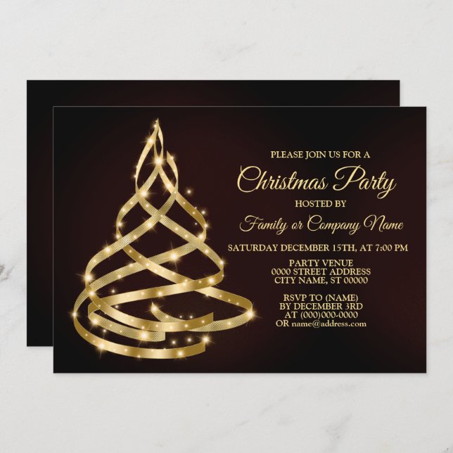 Christmas Party Shiny Golden Ribbon Tree Sparkle Einladung (Vorne/Hinten)