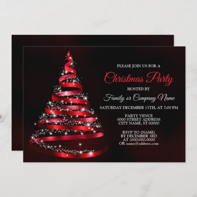 Christmas Party Shiny Red Ribbon Tree Sparkle Einladung (Vorne/Hinten)