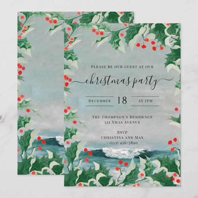 Christmas Party Watercolor Beach Coastal Holly Einladung (Vorne/Hinten)