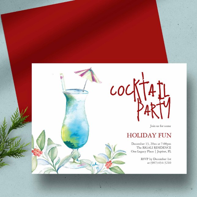 Christmas Party Watercolor Tropical Cocktail Einladung (Tropical theme Christmas cocktail party unique watercolor art by Victoria Grigaliunas)