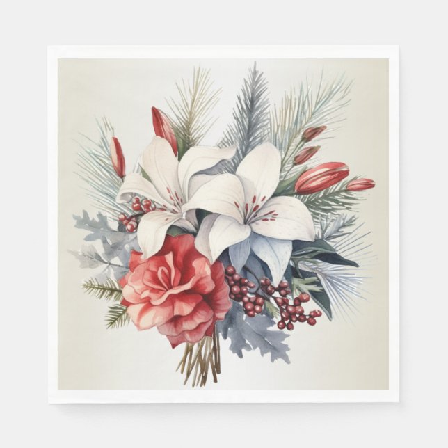 Christmas Party White Red Flowers Holidays Elegant Serviette (Vorderseite)