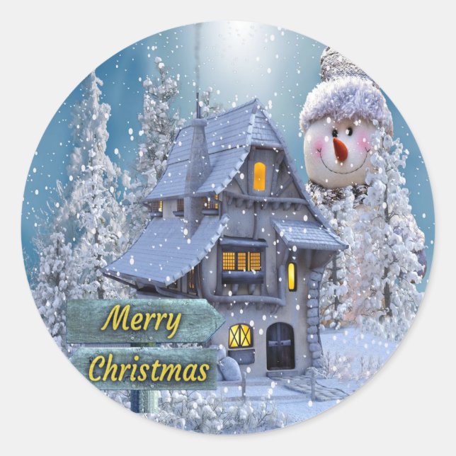 Christmas Party Winter White Snowman Blue Rustic Runder Aufkleber (Vorderseite)