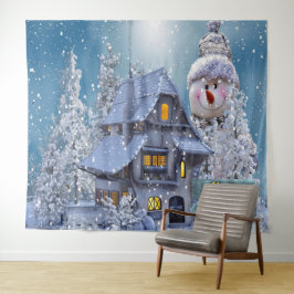 Christmas Party Winter White Snowman Blue Rustic Wandteppich