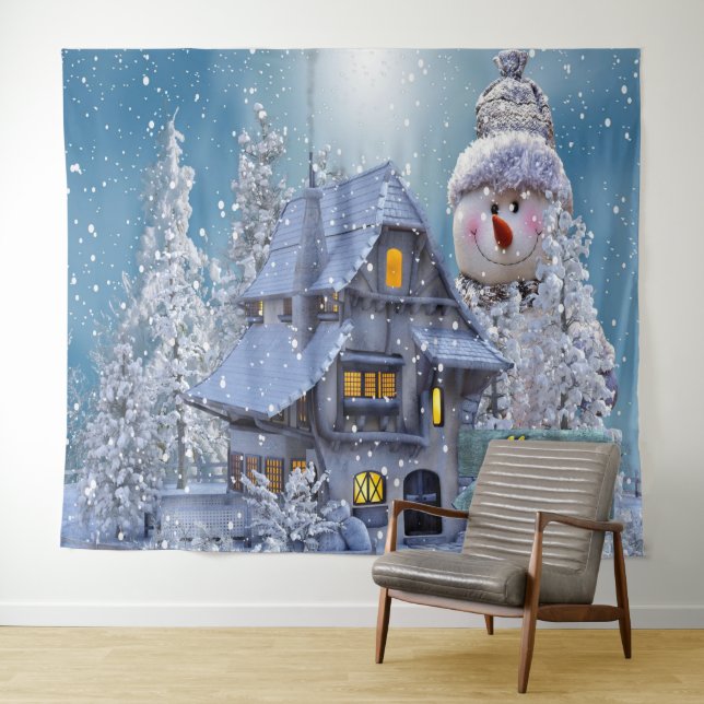 Christmas Party Winter White Snowman Blue Rustic Wandteppich (Beispiel (Horizontal))
