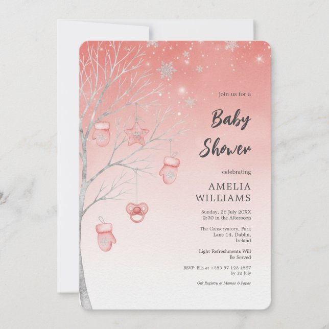 Christmas Pastel Red Winter Tree Baby Shower Einladung (Vorderseite)