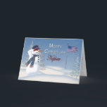 Christmas - Patriotic - Nephew - Snowman/Saluting Feiertagskarte<br><div class="desc">Spaß und eine einzigartige Weihnachtskarte für diese besondere Person,  die in unserem Militär dient. Es ist sicher,  ein Lächeln auf ihr Gesicht zu setzen: das gleiche Bild für: Sohn,  Tochter,  Liebling,  Enkel,  Enkelin,  Papa,  Soldat,  Nichte,  Neffe</div>