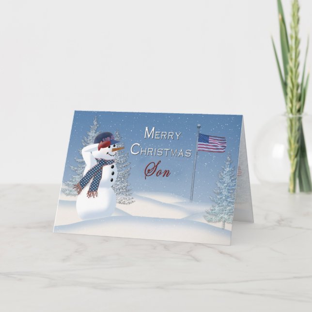 Christmas - Patriotic - Son - Snowman/Saluting Feiertagskarte (Vorderseite)
