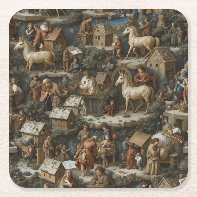 Christmas Pattern • Bruegel Style Paper Coaster Rechteckiger Pappuntersetzer (Vorderseite)