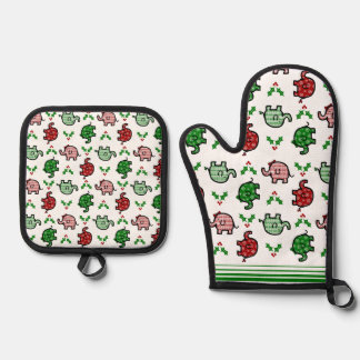 Christmas-Pattern Elephant Oven Mitt & Pot Holder Ofenhandschuh & Topflappen-Set