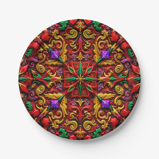 CHRISTMAS PATTERN ~ Niedlich ~ Red Green Gold ~ Pappteller (Vorderseite)