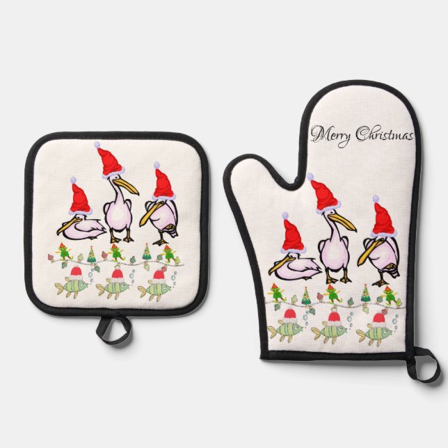 Christmas Pelican Oven Mitt & Pot Holders Ofenhandschuh & Topflappen-Set (Vorderseite)