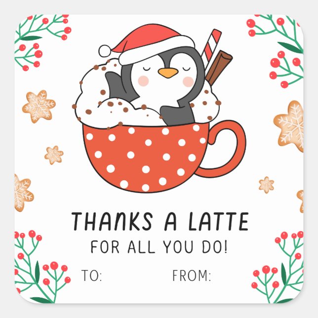 Christmas Penguin Dank a Latte Quadratischer Aufkleber (Vorderseite)