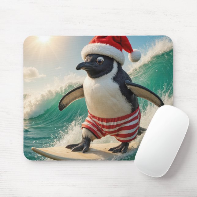 Christmas Penguin Surfing On an Ocean Wave Mousepad (Mit Mouse)