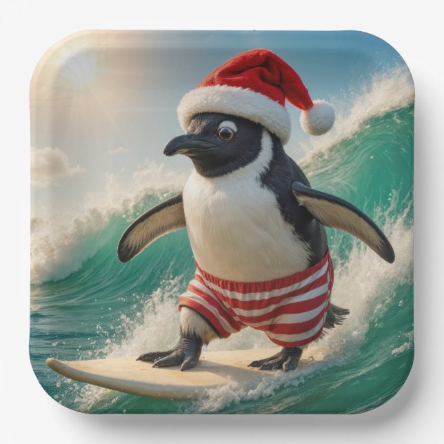 Christmas Penguin Surfing On an Ocean Wave Pappteller (Vorderseite)