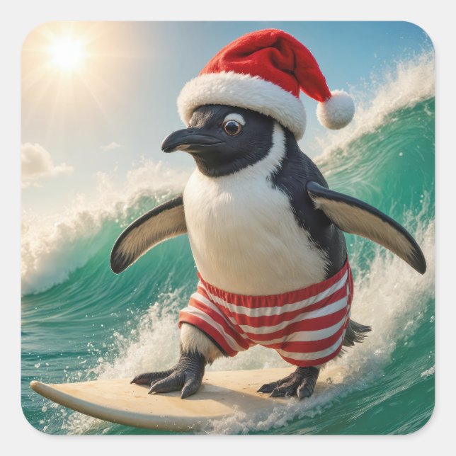 Christmas Penguin Surfing On an Ocean Wave Quadratischer Aufkleber (Vorderseite)