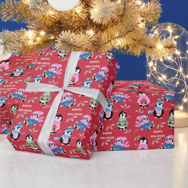 Christmas Penguins Crew Red Holiday Wrapping Paper Geschenkpapier (Feiertage)