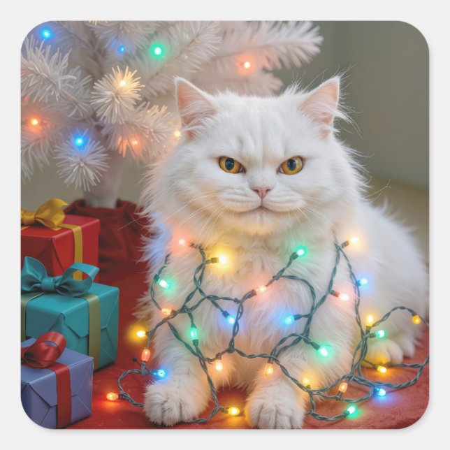 Christmas Persian Cat Tangled in Holiday Lights Quadratischer Aufkleber (Vorderseite)