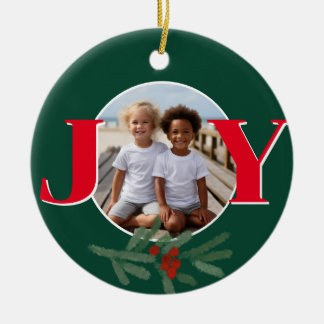 Christmas personalize JOY Holly photo template Keramik Ornament