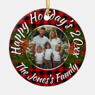 Christmas personalized photo red plaid pinecones keramik ornament