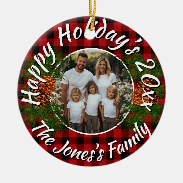 Christmas personalized photo red plaid pinecones keramik ornament (Vorne)