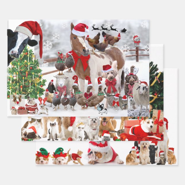 CHRISTMAS PETS Wrapping Paper Flat Sheet Set 3 Geschenkpapier Set (Set)