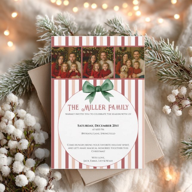 Christmas Photo Invitation • Red Striped Holiday Einladung (Christmas photo invitation with red stripes and green bow)