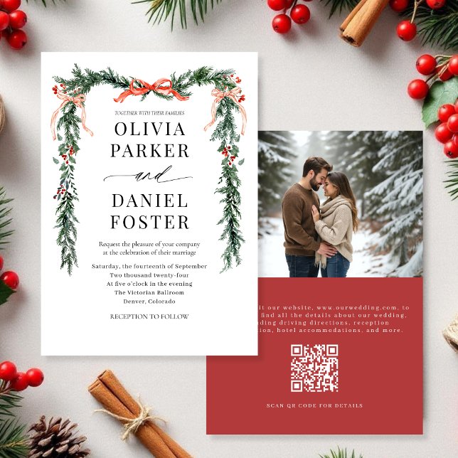 Christmas Photo QR Code Watercolor Red Bow Wedding Einladung (Von Creator hochgeladen)