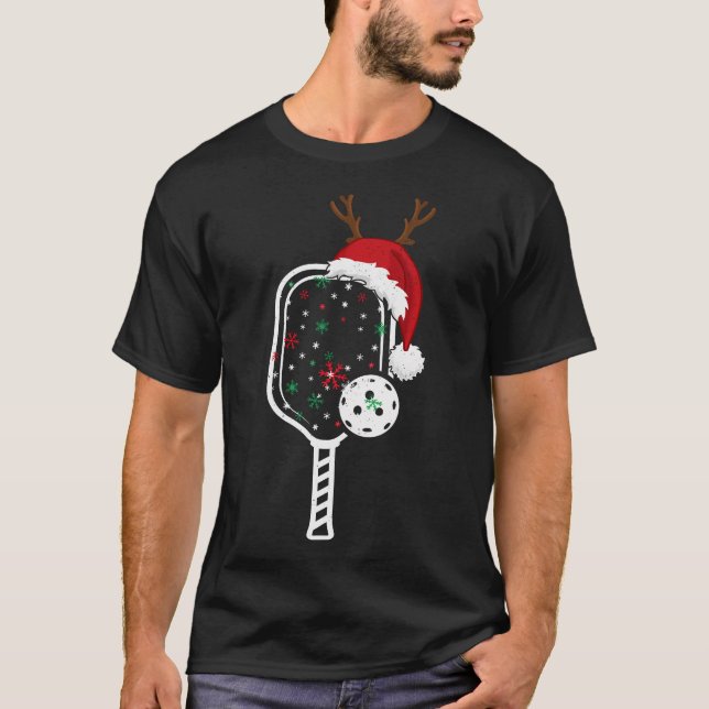 Christmas Pickleball Player Reindeer Santa Hat Pad T-Shirt (Vorderseite)