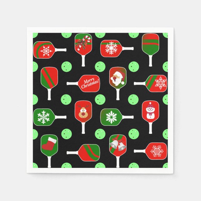 Christmas Pickleball Red Green Paddles Balls Black Serviette (Vorderseite)