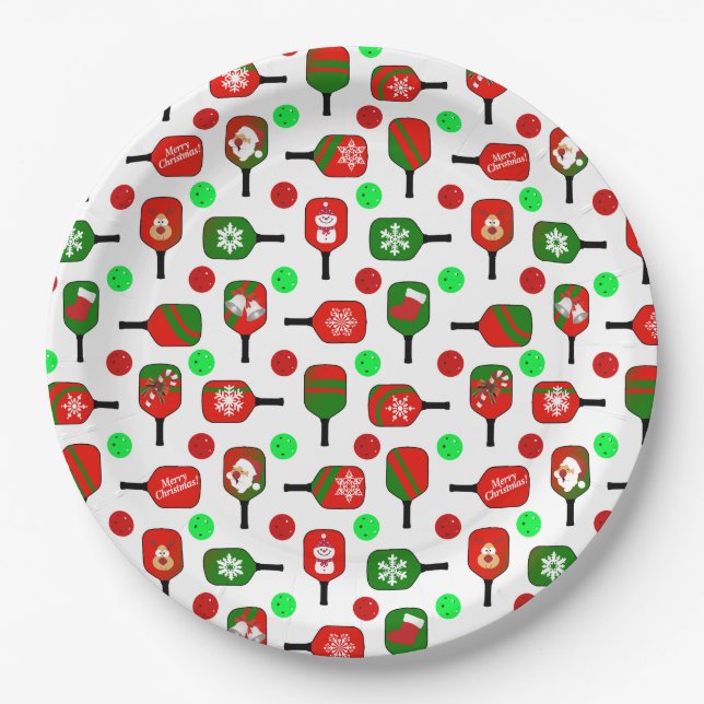 Christmas Pickleball Red Green Paddles Balls X-Mas Pappteller (Vorderseite)