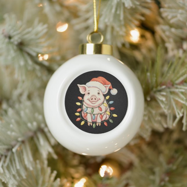Christmas Pig Xmas Lights Santa Hay Holiday Season Keramik Kugel-Ornament (Baum)