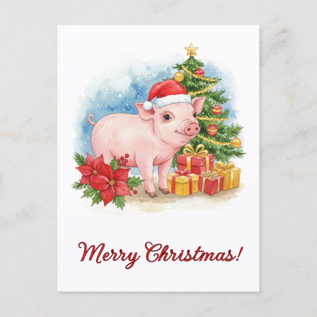Christmas Piglet Postcard Holiday Watercolor Art Postkarte (Vorderseite)