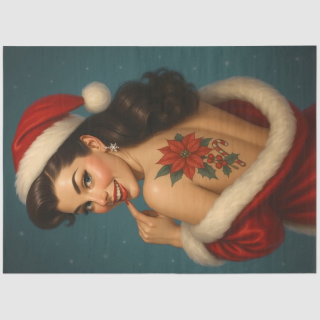 Christmas Pin-Up with Poinsettia Tattoo Decoupage Seidenpapier (Vorderseite)