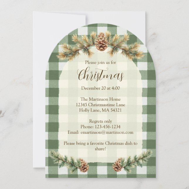 Christmas Pine Cones Branches Green Gingham Arch Einladung (Vorderseite)
