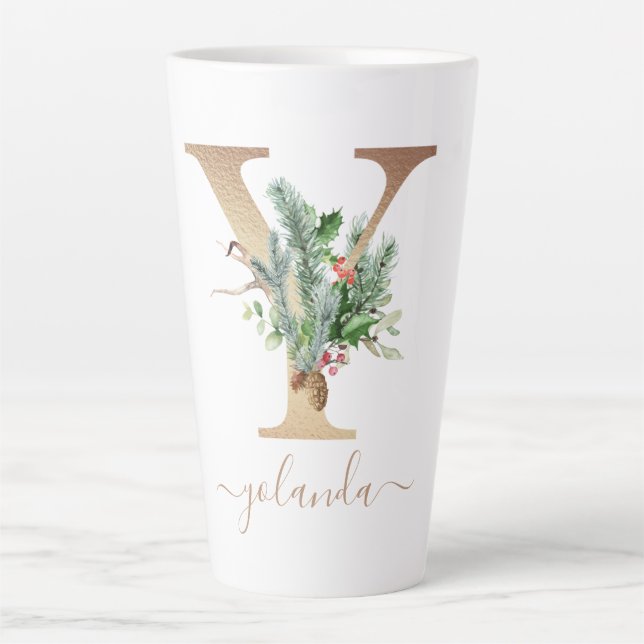 Christmas Pine Red Berries Monogram Y Name Milchtasse (Vorderseite)