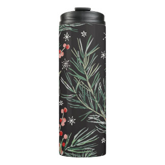 Christmas Pine Twigs Black Background Thermosbecher