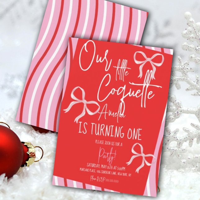 Christmas Pink Bows Birthday Stripes Einladung (Von Creator hochgeladen)