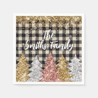 Christmas Plaid And Glitter Family Name Serviette